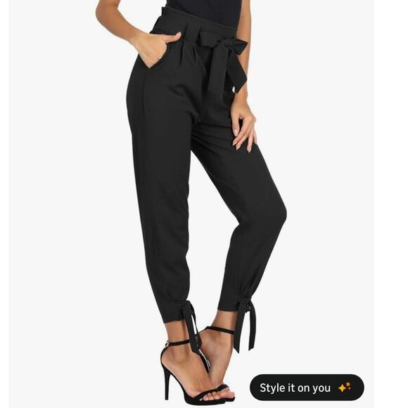 Grace Karin Black Paperbag Dress Pants Size L Bow Cuffs Ruched Waist Stretchy - Picture 2 of 10